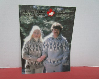 White Buffalo Cowichan Siwash Design Knitting Pattern,  Adult Sweater Jacket, Sizes 32 36 40 44, No 6728