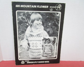 Childrens Cowichan Siwash Sweater Jacket Toque Knitting Pattern, Sizes S, M, L (fits 4 to 12 years) Bouquet 505 Mountain Flower, 6 Ply Wool