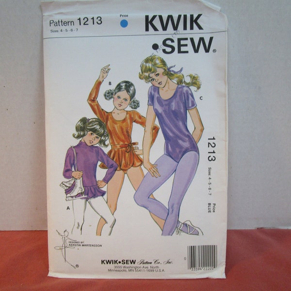 Girls Leotards and Wrap Skirt, Size 4, 5, 6, 7, Uncut, Kwik Sew 1213 Ice Skating, Dance, Gymnastics, 1982