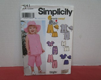 Childs Tops, Capri Pants, Shorts and Hat (3 sizes 19", 20", 21") Sizes 1/2, 1, 2, 3, 4, Uncut Simplicity 7241, 2002