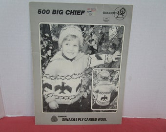 Childrens Thunderbird Jacket and Hat Knitting Pattern, Siwash 6 ply Wool, Bouquet Big Chief No 500, Size S, M, L,