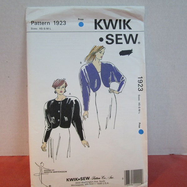 Womens Short Jacket with Dolman Sleeves, Size XS, S, M, L Uncut, Kwik Sew 1923, 1989