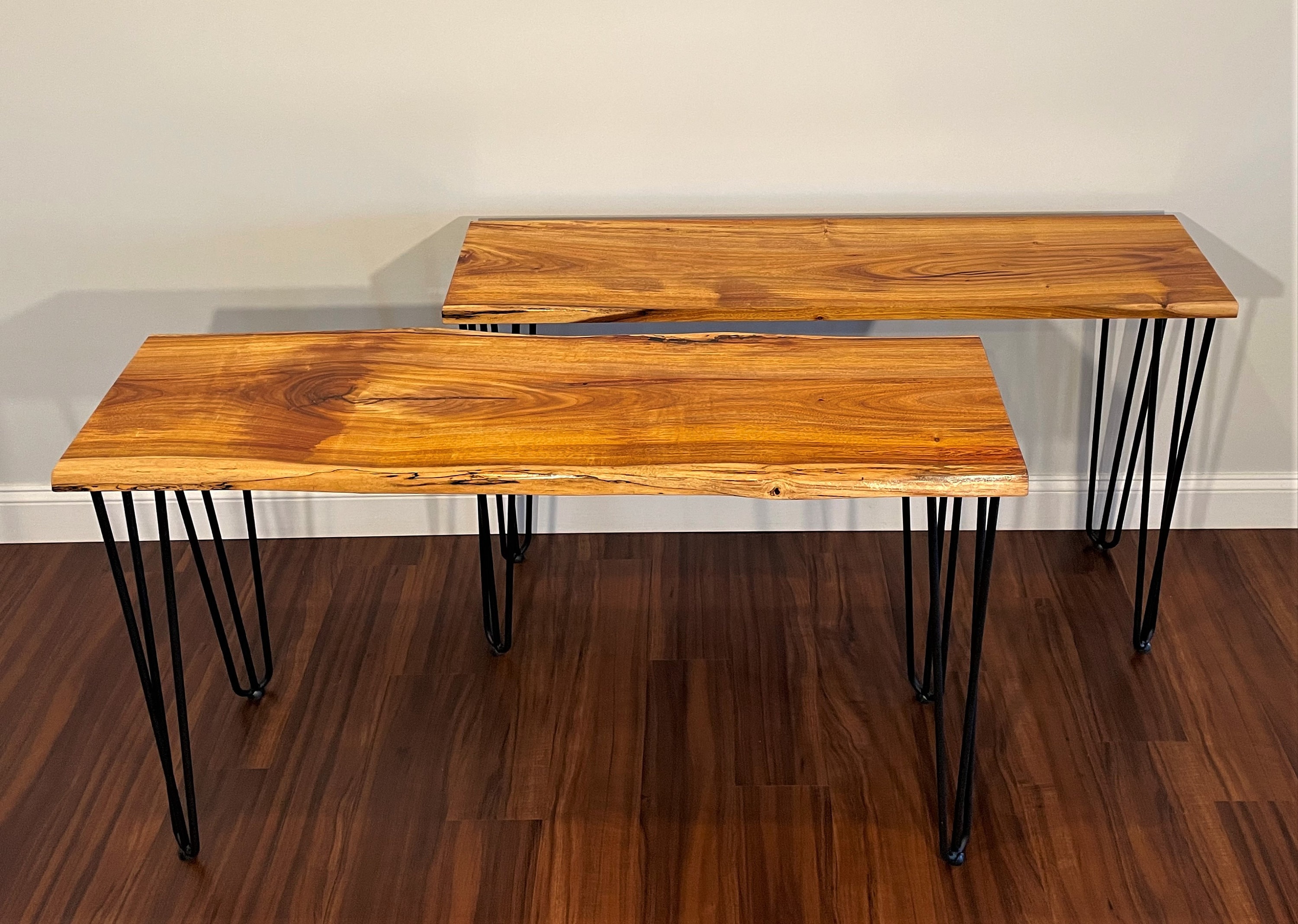Ready to Ship Canary Wood and Metal Hairpin Entry, Sofa or Hallway