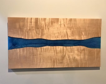 River Run Blue Epoxy and Curly Maple Wall Art