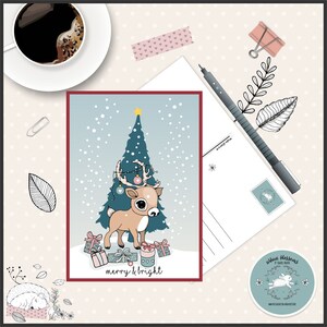 Postkarte, Grußkarte, digital, Download, Illustration, farbig, handgezeichnet, Rentier, Weihnachten, Weihnachtskarte, Weihnachtsgrüße