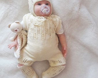 Knitted baby clothes romper. Сotton bodysuit baby milky. First clothing for newborn. Outfit reborn doll. Newborn knitted coming home outfit.