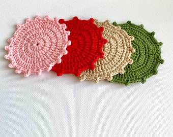 ハンドメイドクロシェコットンコースター - マルチカラーカップマット4枚セット