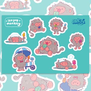 Puede incluir: Un conjunto de 9 pegatinas con monos de dibujos animados adorables disfrutando de helados. Las pegatinas están sobre un fondo turquesa con el texto "*ice pop* monkey" y "art of emfitz" en las esquinas superiores.