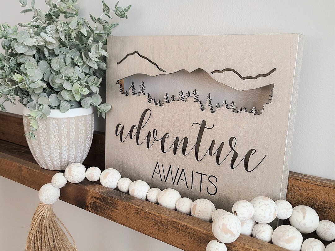 Wood Canvas Wall Art Decor Adventure Awaits With Mountains Etsy UK