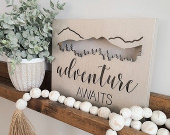 Wood Canvas Wall Art Decor- Adventure Awaits with Mountains