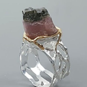 トップ - デザイナーリング - シルバー925 - 14ct ゴールド - トルマリンチャンク付き - RG 19 - 60