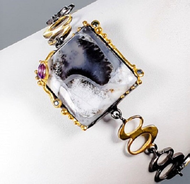Dendritic Jasper Designer Bracelet -925 Silver Rhodium 14ct Gold