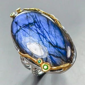 Üppiger Designer Bandring 925erSilber-14ctGold +Labradorit-grüner Onyx-RG knapp 19 - 60 - wunderschöner blauer Edelstein- schönes Farbspiel