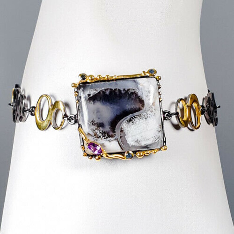 Dendritic Jasper Designer Bracelet -925 Silver Rhodium 14ct Gold