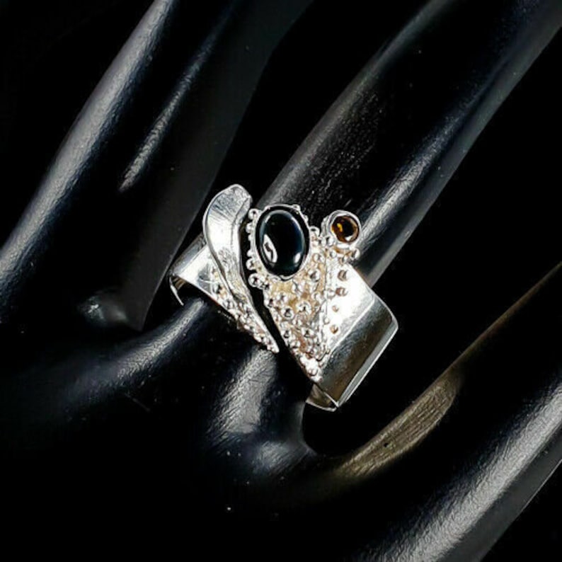 Noble designer ring US 8 - band ring 925 silver RG18 schw Opal -Citrine