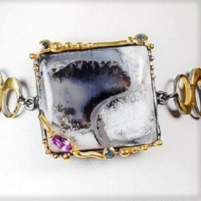 Dendritic Jasper Designer Bracelet -925 Silver Rhodium 14ct Gold