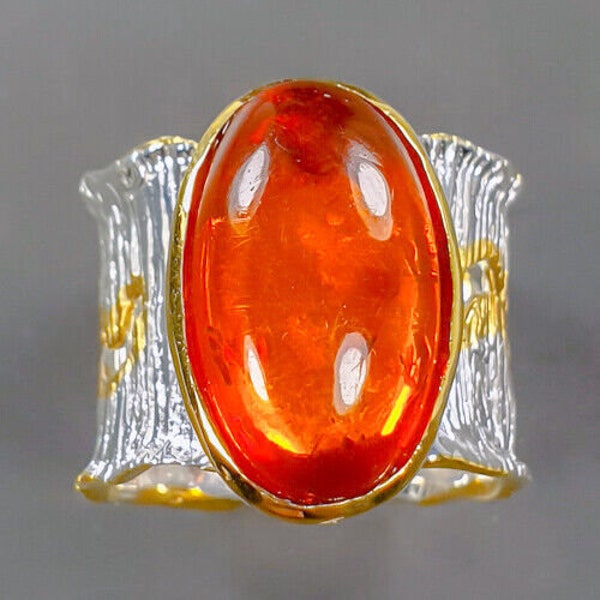 Üppiger Designer Bandring 925er Silber -14ct Gold + Bernstein -Amber -RG 18 - 57