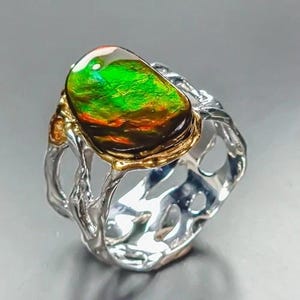 Edler Designerring-Bandring 925er Silber-Ammolite-14ct Gold - RG gut 18 - 57 - tolles Farbspiel - schöner Designer Entwurf - helle Farben