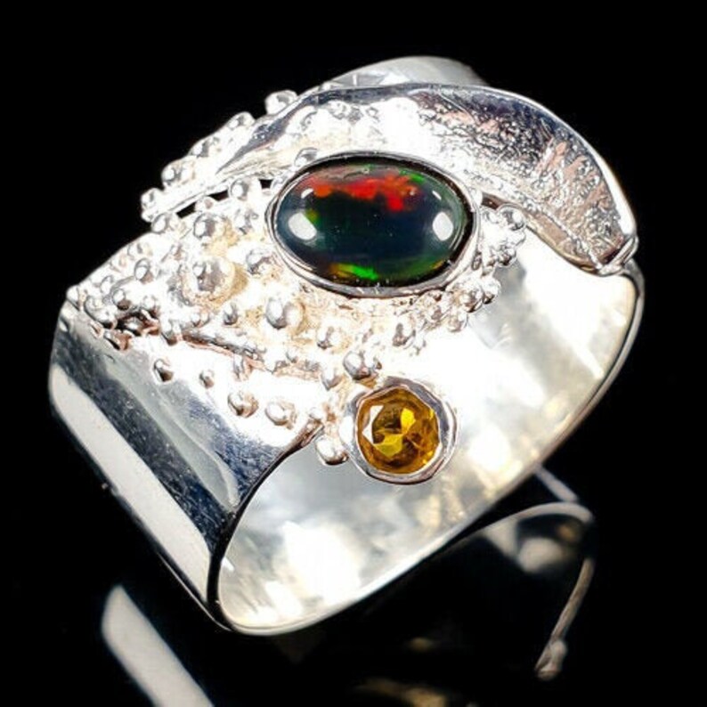 Noble designer ring US 8 - band ring 925 silver RG18 schw Opal -Citrine