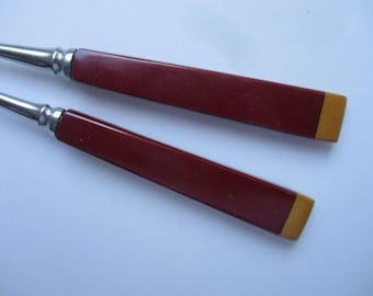 2 tenedores de servir Art Déco originales - Baquelita - Marrón claro + marrón oscuro - Buen estado - Resistentes al óxido, procedentes de Solingen - Diseño de baquelita - Década de 1930 - Cubiertos
