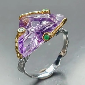 Schicker Designerring-Bandring 925erSilber-Amethyst-Onyxe-14ctGold-RG 18 - 57-dreieckiger Amethyst -Amethyst Brocken-seitlich kl grüne Onyxe