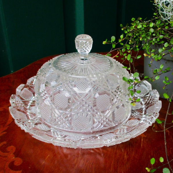 Orig antique butter bowl with plate - pressed glass - best condition - design 30s