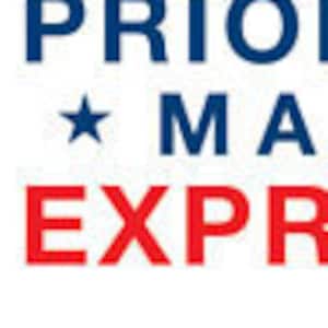 May include: A blue and red logo with the text "PRIORITY MAIL EXPRESS" in white. The word "PRIORITY" is in blue and the word "EXPRESS" is in red. The words "MAIL" are in white and are between two stars.