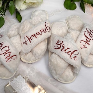 Fluffy Bride Bridesmaid Slippers, Personalized Slippers, Bridesmaid Gifts, Wedding Fluffy Slippers, Bridal Shower Gift, Bridesmaid Proposal