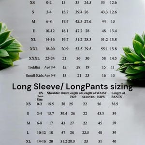 May include: A white chart with black text detailing clothing sizes for short sleeve/shorts and long sleeve/long pants. Measurements include dress size, shoulder, bust, waist, and hip sizes in inches. The chart is for XS to XXXL sizes.