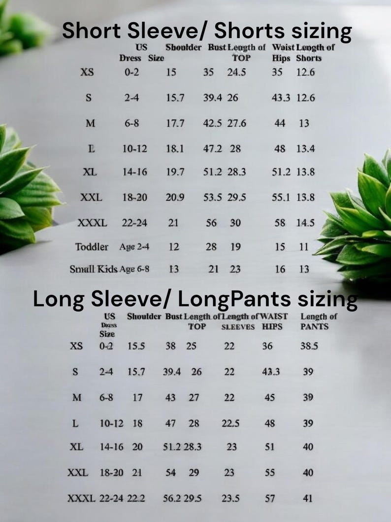 May include: A white chart with black text detailing clothing sizes for short sleeve/shorts and long sleeve/long pants. Measurements include dress size, shoulder, bust, waist, and hip sizes in inches. The chart is for XS to XXXL sizes.