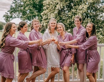 SALE! Silky Lace Trim Bridesmaid Robes, Bridesmaid Gift, Getting Ready Robes, Personalized Robe