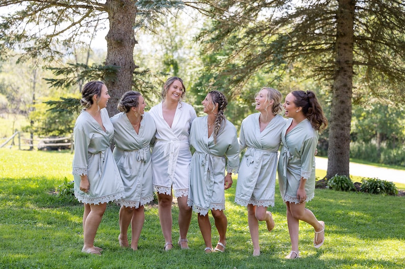 Bridesmaid Robes Set of 4,5,6,7,8,9,10,11,12,13,14,15, Silk Bridesmaid Robes, Bridesmaid Gift, Bridal Robes, Wedding Robes, Lace Satin Robes image 9