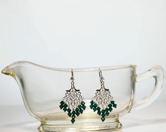Emerald Chandelier Silver Earrings -Emerald Crystals -May Birthstone Earrings -Silver Earrings -Chandelier Earrings -Gift for Her -Handmade