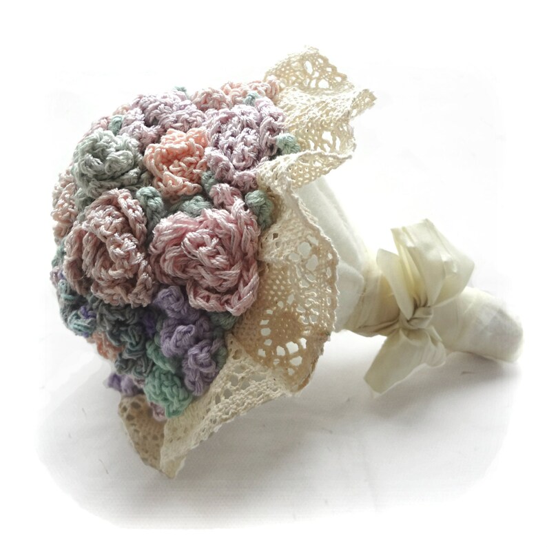Crochet Wedding Bouquet Bridal Bouquet Light Pink Mint Green Artificial Wedding Flowers Rose Lavender Clover Hop Cone Bouquet