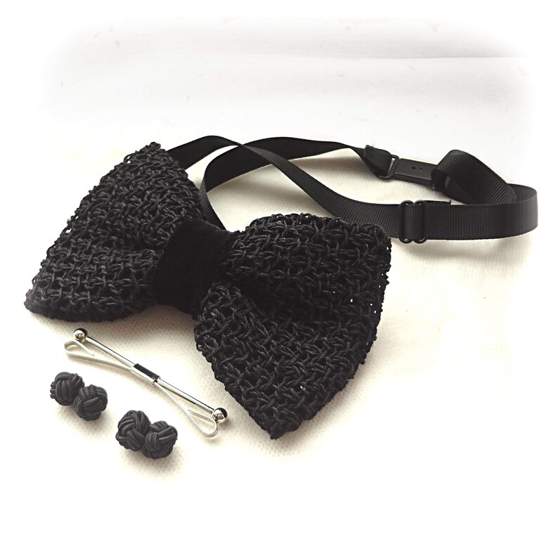 Velvet ribbon Knitted BowTie Tunisian Crochet Men/'s Black Bow Tie Black Bow Tie Set Tie Clip Cord Macrame Cufflinks
