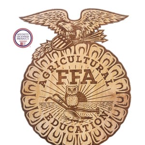 May include: Wooden FFA emblem featuring an eagle, shield, and the words "AGRICULTURAL EDUCATION" and "FFA". The emblem has a circular shape with a scalloped edge and is made of light brown wood. An owl is in the center.
