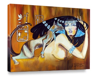 ORIGINAL Ölbild: Cleopatra und ihre Katze. Figurative Kunst mit Ägyptische Motiv. Einzigartige Wandkunst, signiert von Art-Studio MariRich