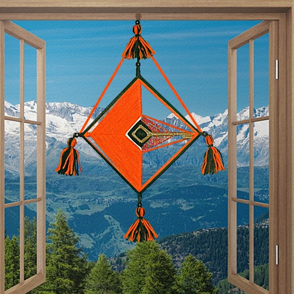 clé du bonheur. Protection 3D Mandala Ojo de Dios, décoration symbolique colorée pour la maison, tenture murale orange tissée, art magique par MariRich