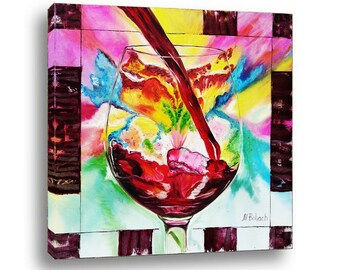 ORIGINAL Ölbild: Glas mit Rotwein, bunte abstrakte Ölgemälde auf Leinwand, signiert von Art-Studio MariRich. Einzigartige  Wandkunst 60x60cm