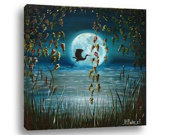 ORIGINAL Ölbild: Mondschein am See, Ölgemälde auf Leinwand mit Nachts Motiv und Störchen. Einzigartige Wandkunst, signiert von MariRich
