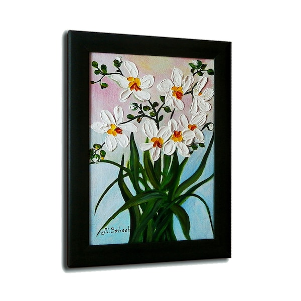 Peinture à l'huile ORIGINALE : Orchidées blanches. Art mural, décoration murale 3d en toile - peinture à l'huile signée avec certificat par MariRich. Unique