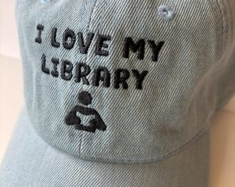 I Love my Library with Book Reader, Black Stitching, Denim Hat, adjustable