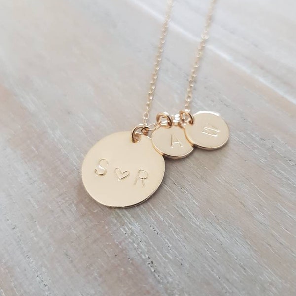 Family initials necklace, dainty personalised jewellery pendant, hand stamped name disc, birthday gift, necklace for mothers day