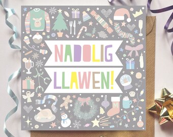 Carden Nadolig Llawen! (Llwyd) // 'Merry Christmas!' Card (Grey) -- Welsh, Cymraeg, Pattern.
