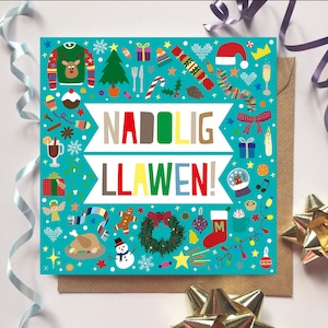Carden Nadolig Llawen! (Gwyrddlas) // 'Merry Christmas!' Card (Aqua) -- Welsh, Cymraeg, Pattern.