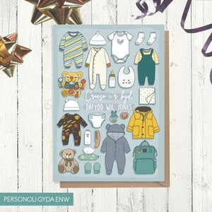 Personalised New Baby Boy Card // Carden 'Croeso i'r Byd, Bachgen Bach' (A6)  -- Cymraeg, Welsh.