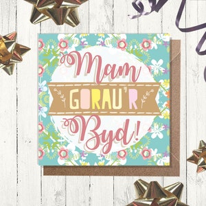 Grußkarte 'Mam Gorau'r Byd!' - Walisisch 'World's Best Mum!' Karte (148 mm x 148 mm) Geburtstag, Floral, Cymraeg