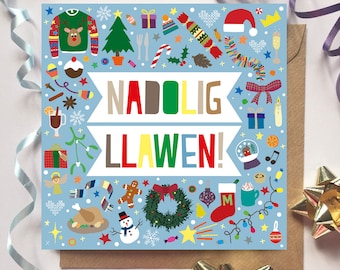 Carden Nadolig Llawen! (Glas) // 'Merry Christmas!' Card (Blue) -- Welsh, Cymraeg, Pattern.