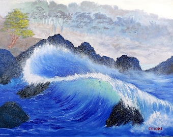 Large Wave crashing into Rocks in Carmel Bay, Carmel by The Sea, Original impressionistic Oil painting California's Coast