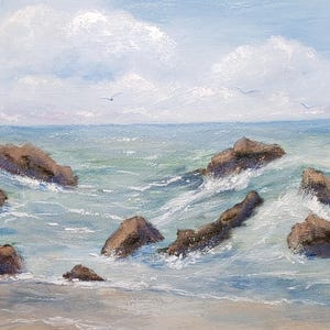 California’s rugged coastline Original Oil Painting of waves breaking on rocky beach on a sunny California Coast